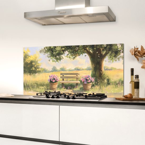Spatscherm keuken 80x40 cm - Kookplaat achterwand Houten bankje - Bloempotten - Landschap - Muurbeschermer - Spatwand fornuis - Hoogwaardig aluminium