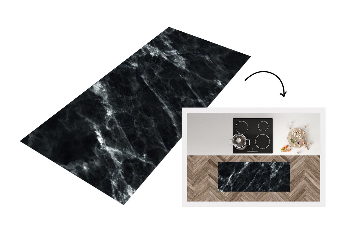 KitchenYeah Keukenloper 120x50 cm - Keukenmat vinyl Marmer - Zwart - Luxe - Keukenmatten loper - Keuken vloerkleed tapijt
