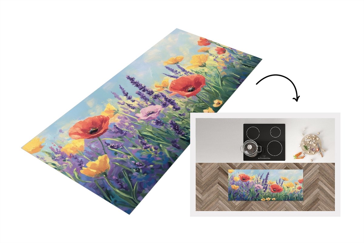 KitchenYeah Keukenloper 120x50 cm - Keukenmat vinyl Weide - Bloemen - Kleurrijk - Keukenmatten loper - Keuken vloerkleed tapijt Klaprozen