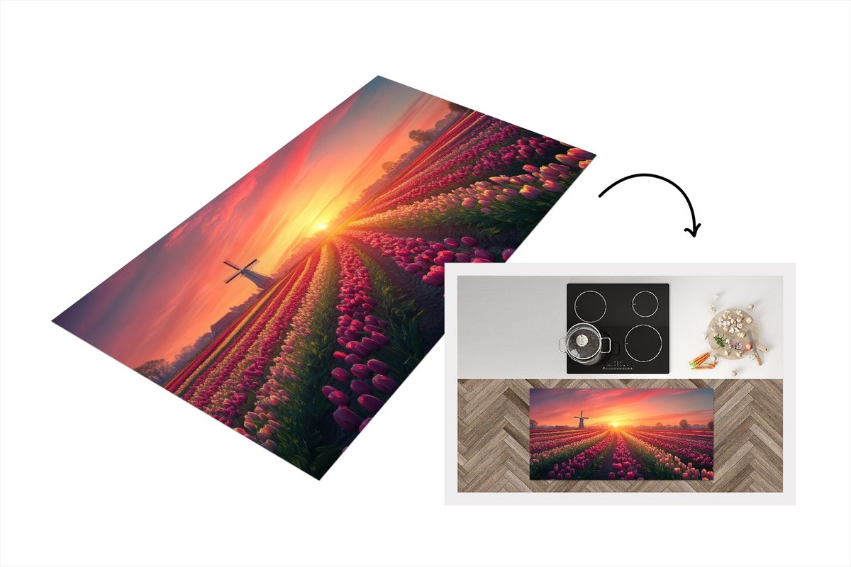 KitchenYeah Keukenloper 120x60 cm - Keukenmat vinyl Windmolen - Zonsondergang - Landschap - Keukenmatten loper - Keuken vloerkleed tapijt Bloemen - Tulpen