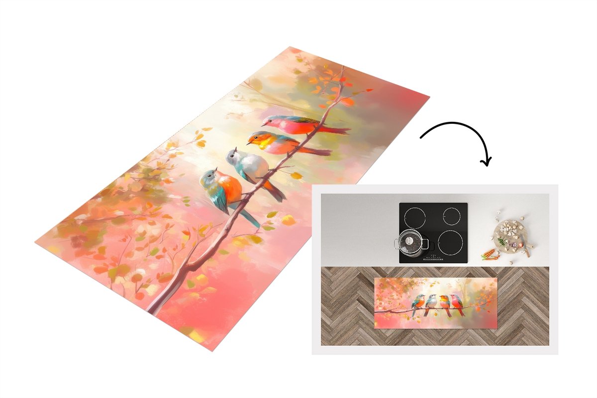 KitchenYeah Keukenloper 120x50 cm - Keukenmat vinyl Vogels - Kleurrijk - Tak - Keukenmatten loper - Keuken vloerkleed tapijt