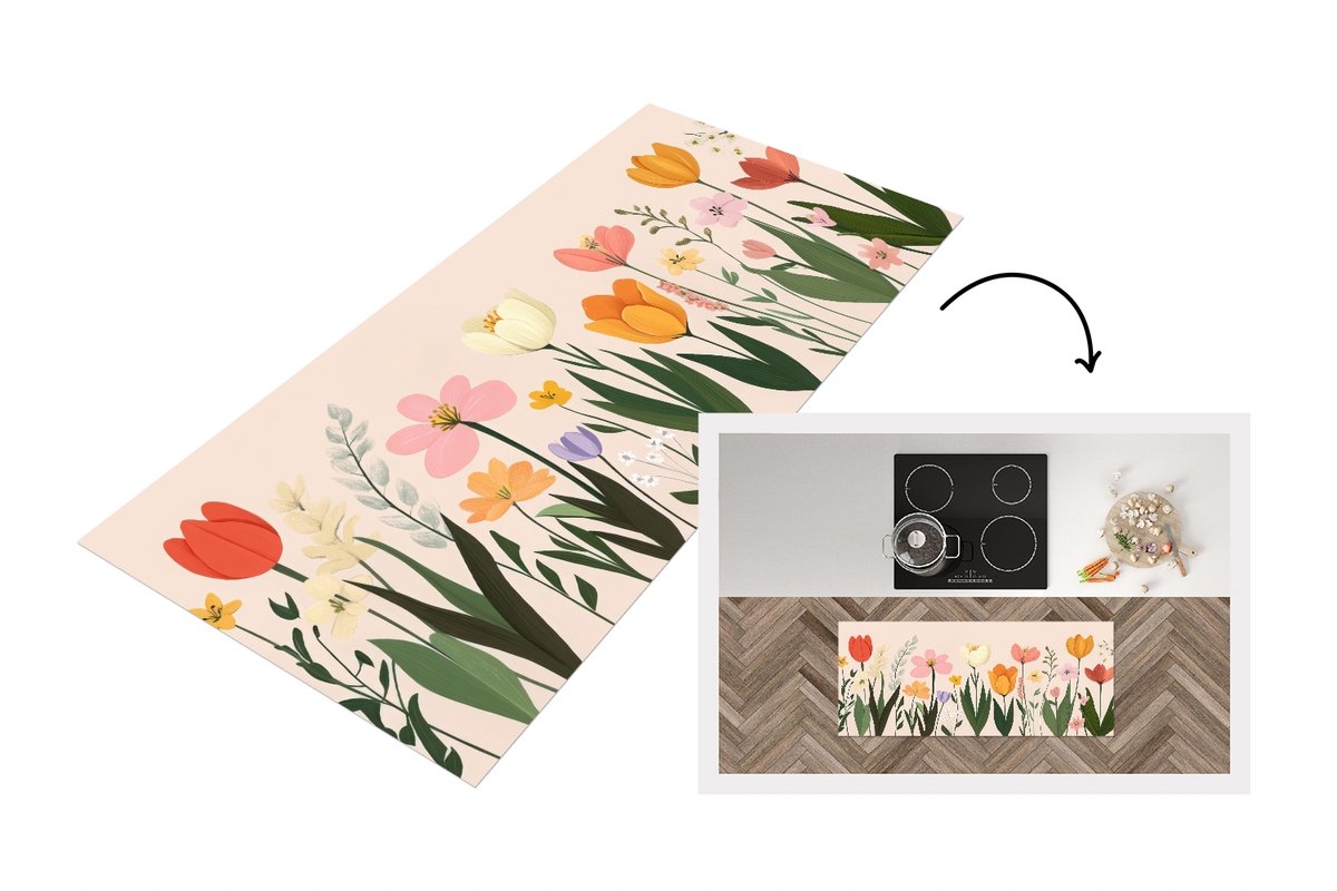 KitchenYeah Keukenloper 120x50 cm - Keukenmat vinyl Pasteltinten - Bloemen - Illustratie - Keukenmatten loper - Keuken vloerkleed tapijt