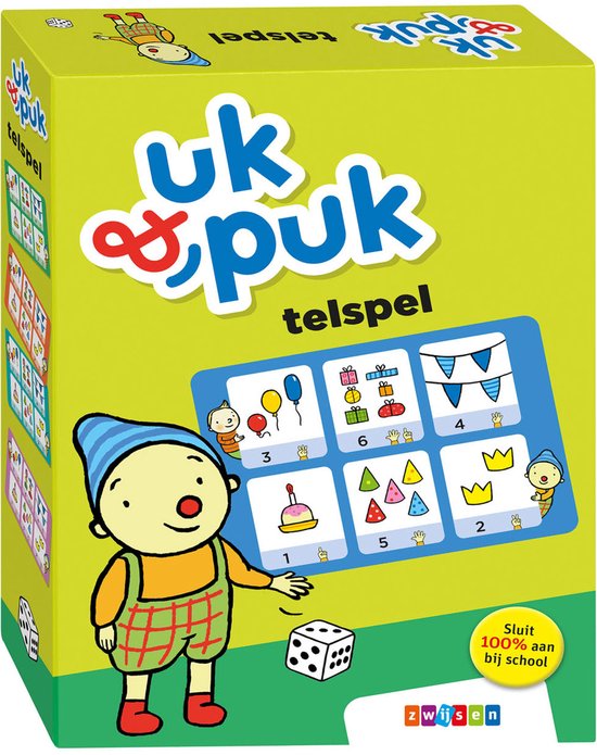 De doos van het Uk & Puk telspel met een jongen, dobbelsteen en afbeeldingen van ballonnen, cadeaus, feestvlaggen, een taart, dieren en kronen.