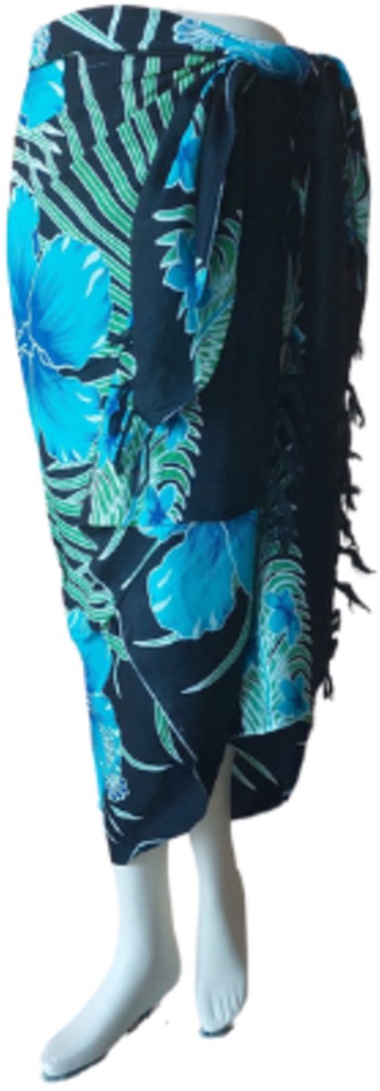 Sarong - 016 - Bloemen blauw van Om Namaste - Pareo Saunadoek Wikkeljurk van Om Namaste — afbeelding 2