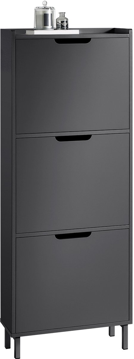 SoBuy Schoenenkast met 3 Kleppen - Schoenenrek met 6 Legplanken - Entreekast, Opbergkast voor Hal - Zwart, 50x129x19 cm, FSR151-H-SCH
