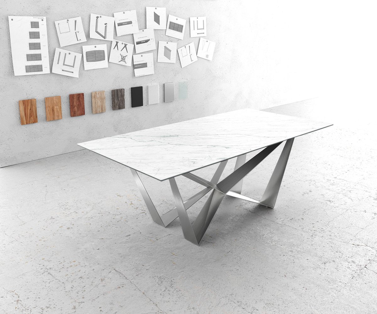 DELIFE Eettafel Edge Laminam® keramiek wit 200x100cm middenvoet vlak staal zilver Weiss
