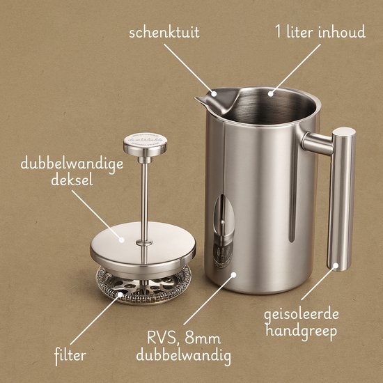 Roestvrijstalen koffiezetter met details: schenktuit, dubbelwandig deksel, filter, RVS, 8mm dubbelwandig, geïsoleerde handgreep, 1 liter inhoud.