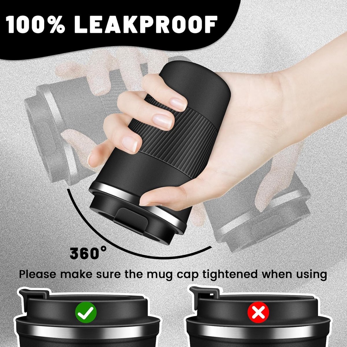 Geïsoleerde koffiemok met klapdeksel, 380 ml, roestvrijstalen reismok, lekvrij, vacuüm geïsoleerde koffiemok, herbruikbare beker, houdt koffie en thee warm of koud - zwart — cadeau in Cadeau-ideeën - foto 2