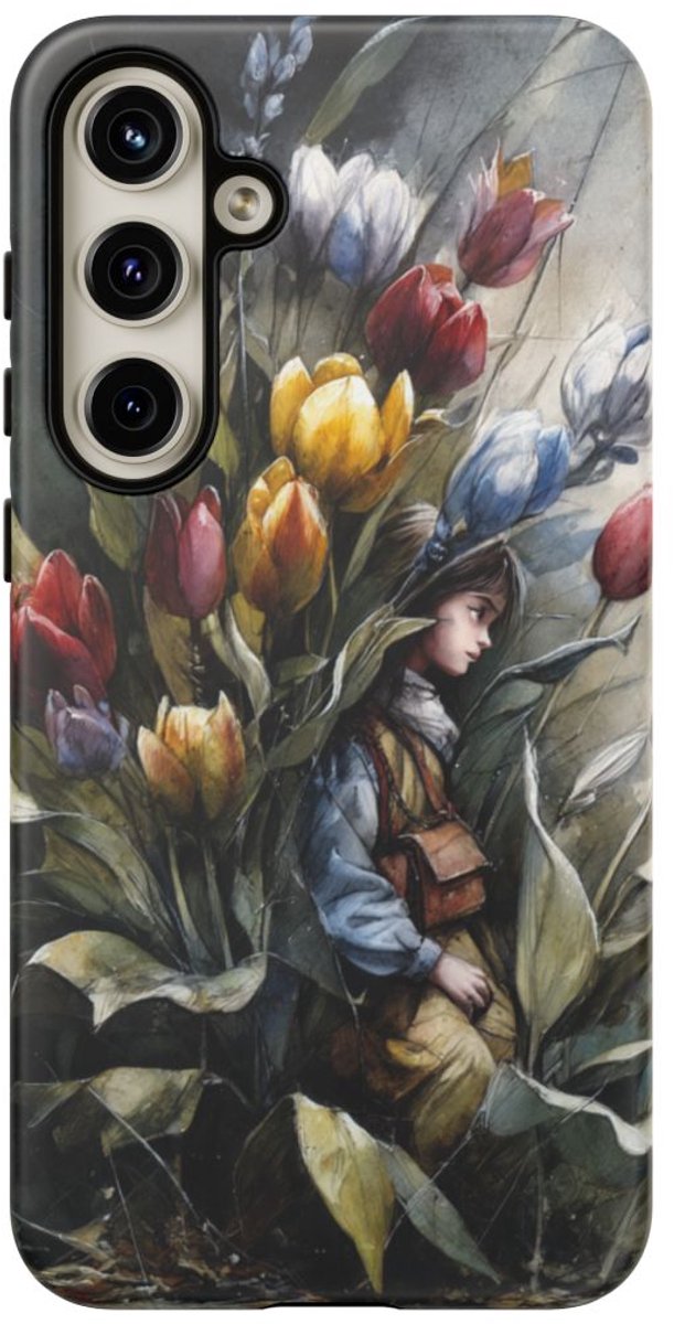 Meisje Tussen Kleurrijke Tulpen Illustratie – Telefoonhoesje Geschikt voor Galaxy S24 Plus