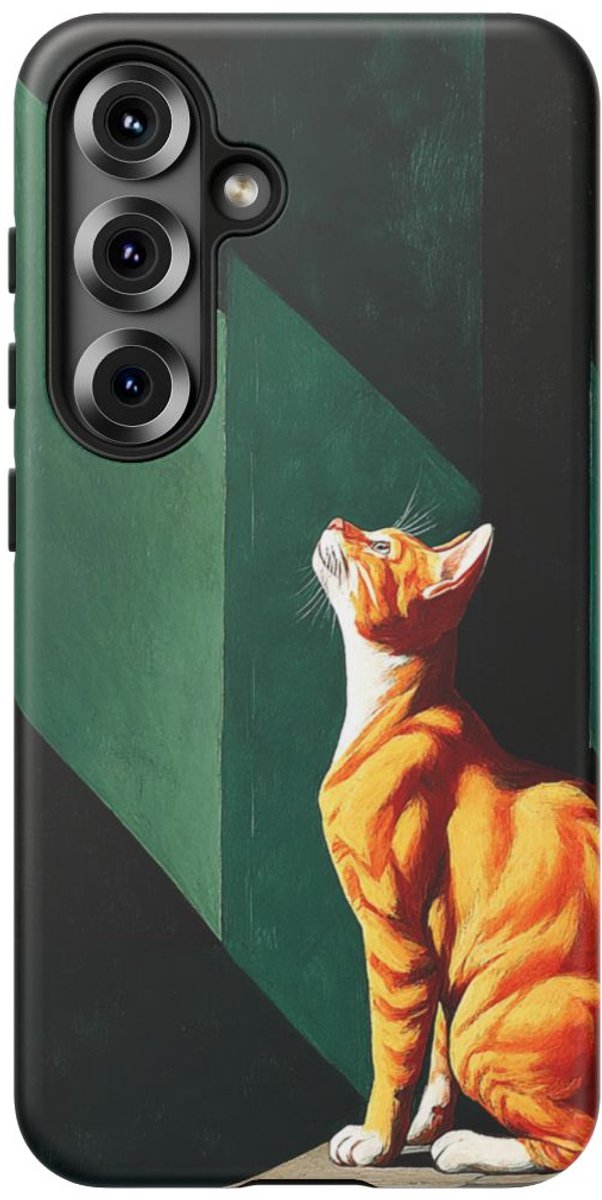 Oranje Kat in Surrealistisch Geometrisch Decor – Telefoonhoesje Geschikt voor Galaxy S25