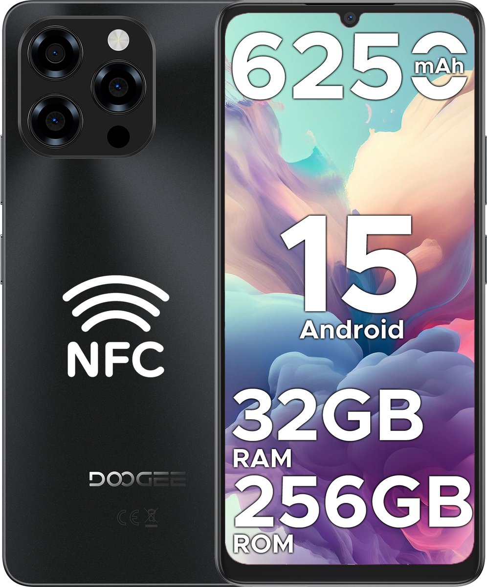 DOOGEE Note58 Pro 4G-Mobiele Telefoon- Smartphone-Android 15- 32 GB RAM + 256 GB ROM- 6250 mAh- 6,75" HD + 90 Hz -AI Camera 16 MP-Octa Core-Dual SIM-NFC - Zwart