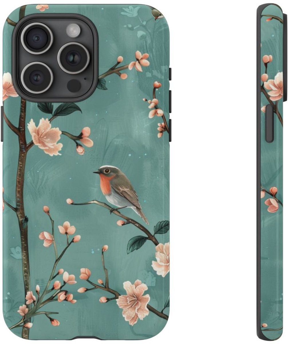 Perzikbloesem en Roodborstjes Patroon – Telefoonhoesje Geschikt voor iPhone 15 Pro Max