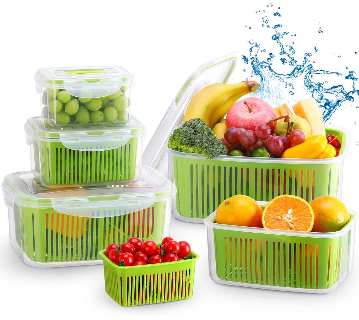 Luxear voedselcontainers met deksel en zeef, set van 5 bewaarcontainers (5,8 l + 3,8 l + 2,3 l + 1,3 l + 0,7 l), BPA-vrij, lekvrij, aparte vershoudcontainers, koelkastorganizerset, salade- en bessenopslag, groen