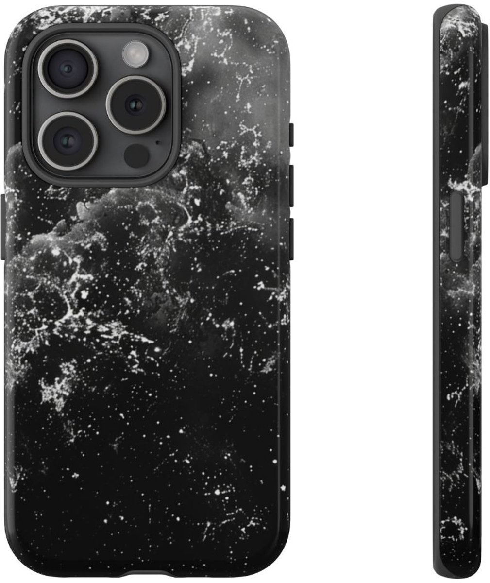 Zwart-Witte Galaxie Textuur – Telefoonhoesje Geschikt voor iPhone 15 Pro