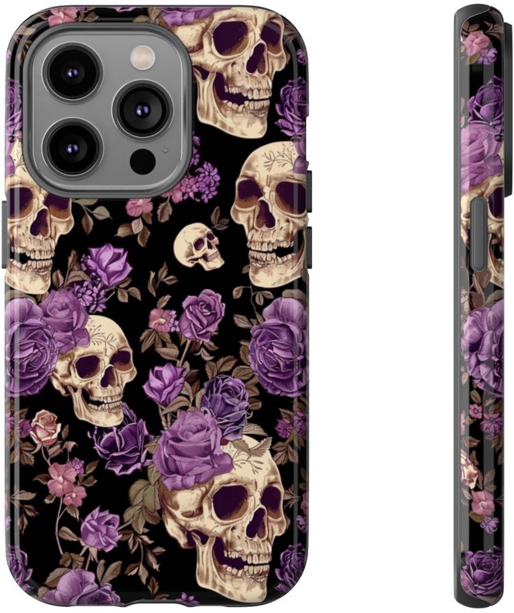 Paarse Rozen en Schedels Patroon – Telefoonhoesje Geschikt voor iPhone 14 Pro