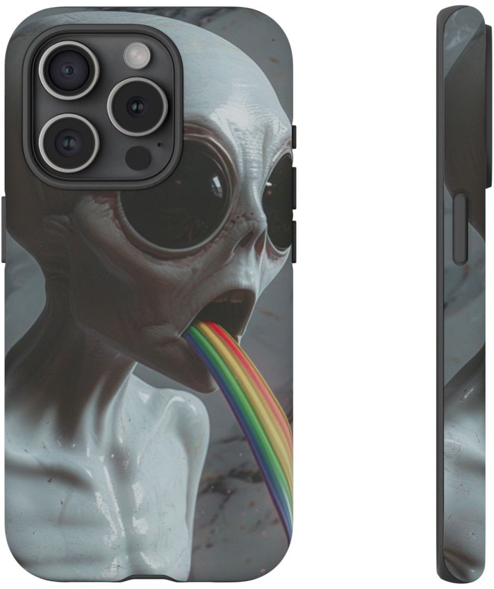 Grijze Alien met Regenboogstraal – Telefoonhoesje Geschikt voor iPhone 15 Pro