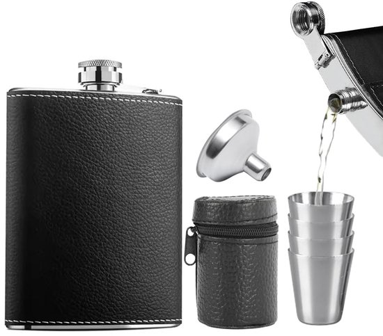 Draagbare wijnfles - roestvrij staal - set van 4 kopjes - compact formaat