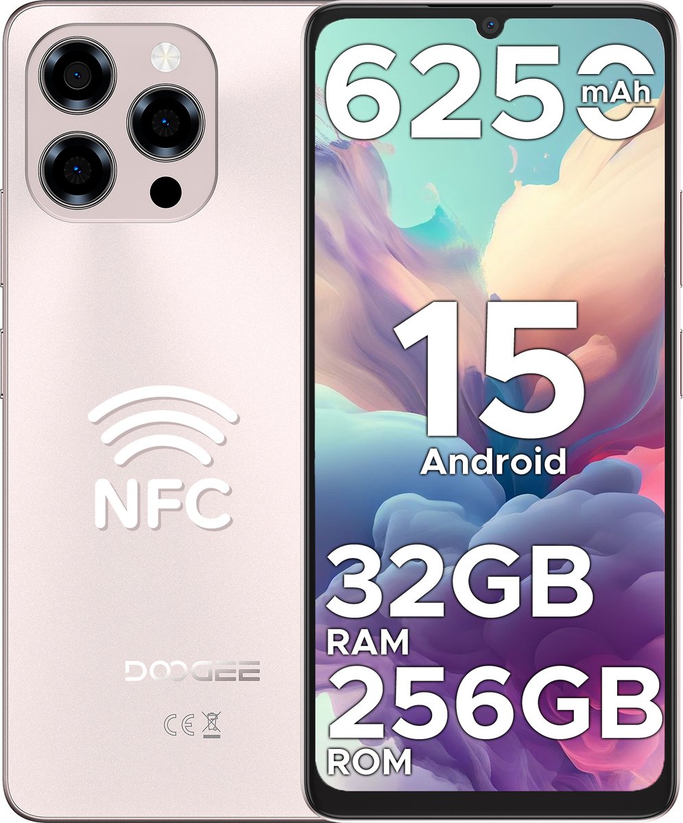 DOOGEE Note58 Pro 4G-Mobiele Telefoon- Smartphone-Android 15- 32 GB RAM + 256 GB ROM- 6250 mAh- 6,75" HD + 90 Hz -AI Camera 16 MP-Octa Core-Dual SIM-NFC - Goud