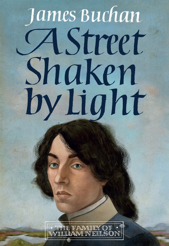 Boekhoes met portret van een jonge man, getiteld 'A Street Shaken by Light' van James Buchan.