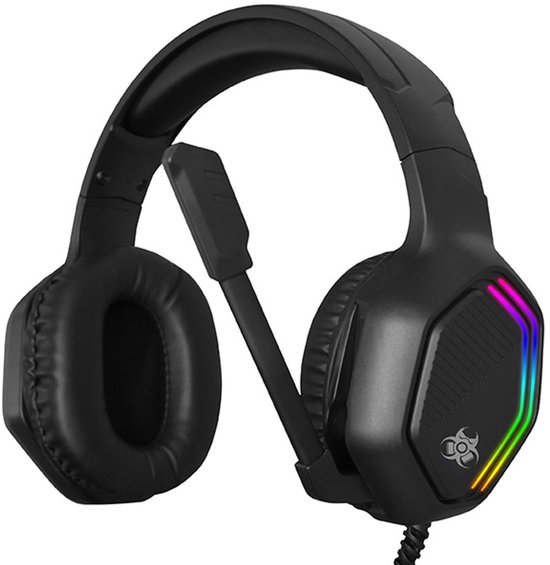 Zwarte gamingkoptelefoon met rgb-verlichting op de oorschelpen en een microfoon.