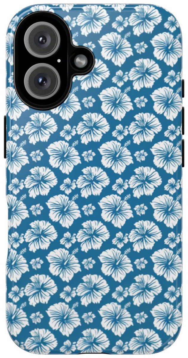 Wit Hawaïaans Bloemenpatroon op Blauw – Telefoonhoesje Geschikt voor iPhone 16