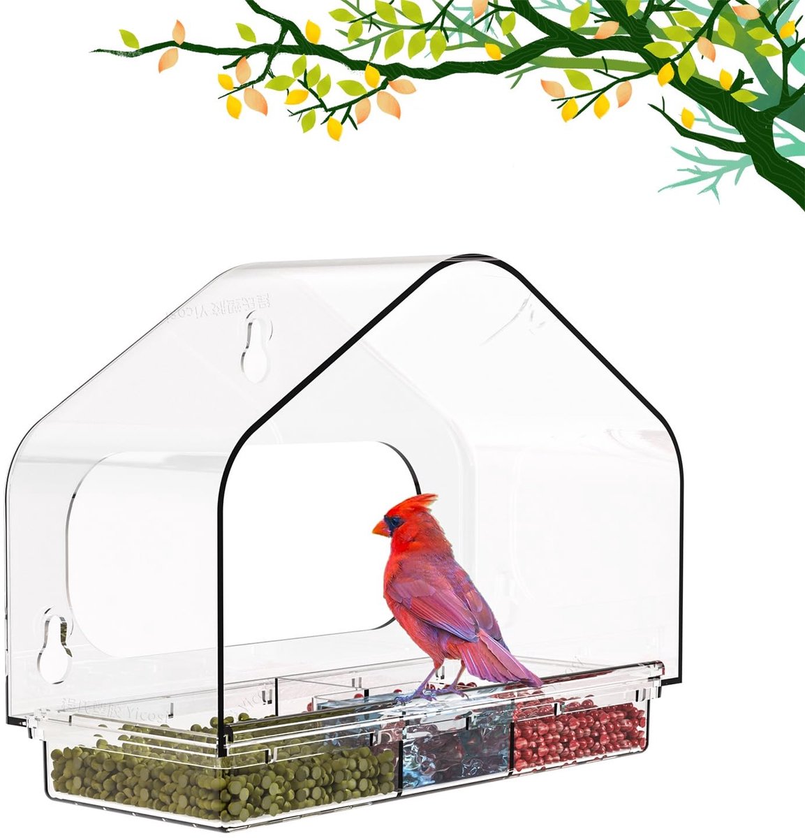 Voederhuisje voor vogels in het raam, sterke zuignap, vogelkijkvenster, eekhoornbestendige voederhuisje, drainagegaten, uitneembare lade, grote zaadopslag, geschikt voor vogelliefhebbers
