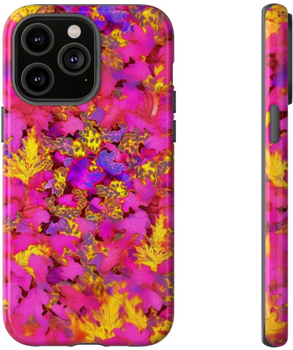 Levendig Roze-Geel Bladerenpatroon – Telefoonhoesje Geschikt voor iPhone 14 Pro Max