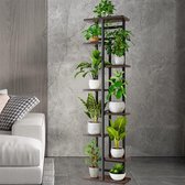 Plantenrek 8-Lagen – Zwart Metalen & Houten Plantentrap voor 9 Bloempotten – Staande Bloemenstandaard voor Binnen, Balkon, Tuin of Hoek