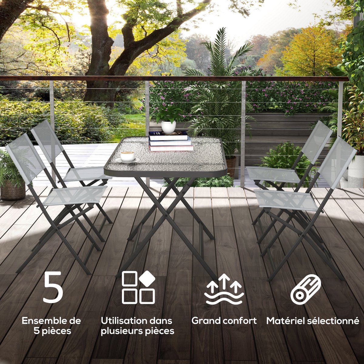 Outsunny-Patio Eetset-Metaal-120x70x70cm-Grijs