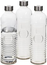5Five Waterfles - Set van 3x stuks -1 liter - gehard ribbel glas - D8 x H29 cm - drinkfles - Glazen drink flessen