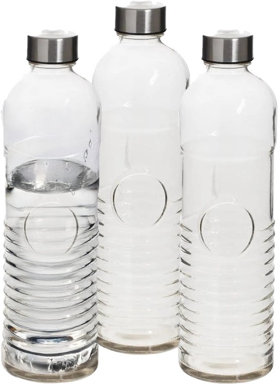 Foto: 5five waterfles set van 3x stuks 1 liter gehard ribbel glas d8 x h29 cm drinkfles glazen drink flessen