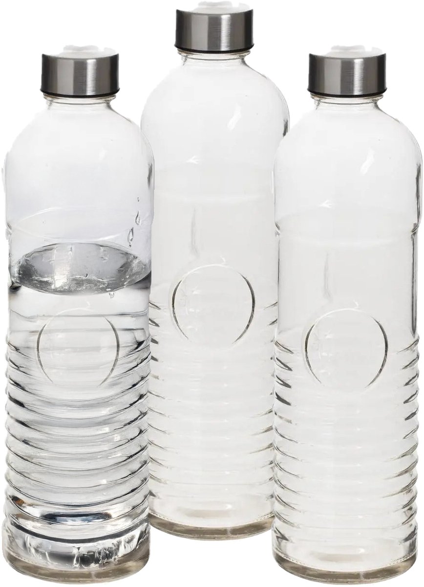 Set van 3x stuks waterflessen/drinkflessen 1 liter van gehard ribbel glas - Glazen drink flessen