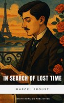 Boekomslag: Marcel Proust leest voor een Parijse achtergrond met de Eiffeltoren, rozen en de titel 'In Search of Lost Time'.