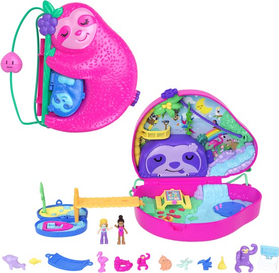 Polly Pocket luiaard 2-in-1 compacte speelset gesloten en open, met poppen, dieren en speelaccessoires.