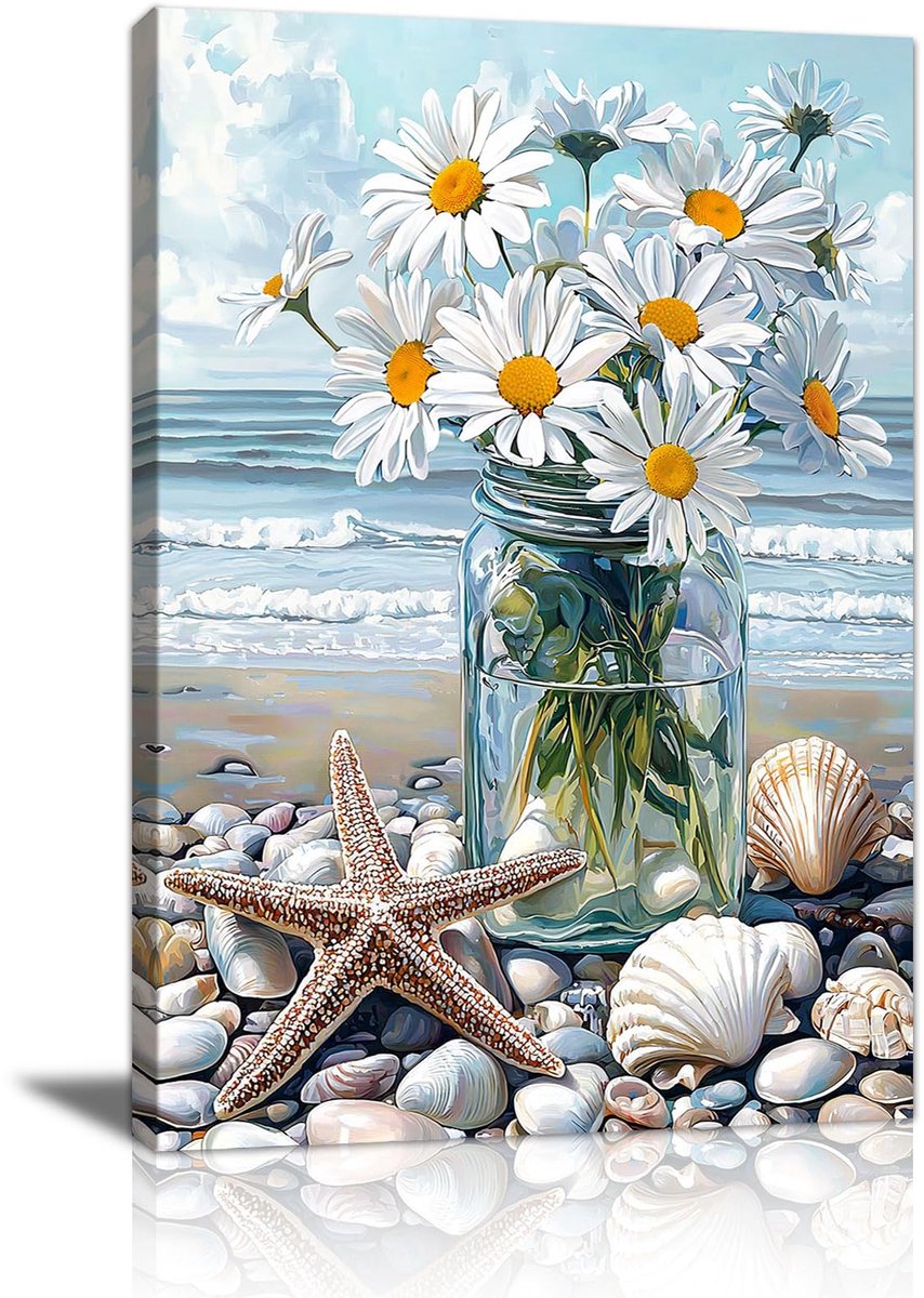 Ibenzoa Moderne Canvas Wandkunst Met Bloemen En Kustlandschap Voor Woon- En Slaapkamerdecoratie 40x60cm blauw