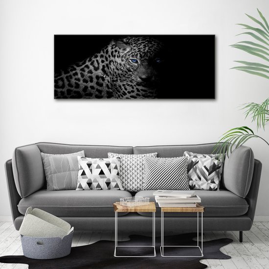 Tableau Décoratif Panoramique Sur Verre Trempé 125x50 Cm - Impression Léopard Noir Et Blanc - Décoration Murale 3D Pour Salon Et Cuisine