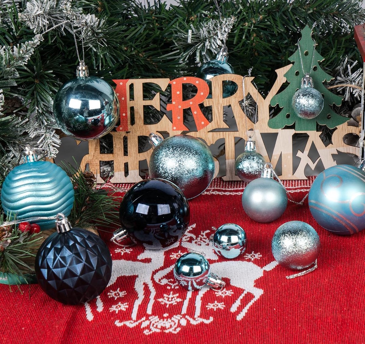 Kerstballen blauwe set - 100 stuks onbreekbare plastic kerstballen - glitterdecoratie voor kerstmis - traditionele kerstboom ornament set - hangende ballen – foto 3