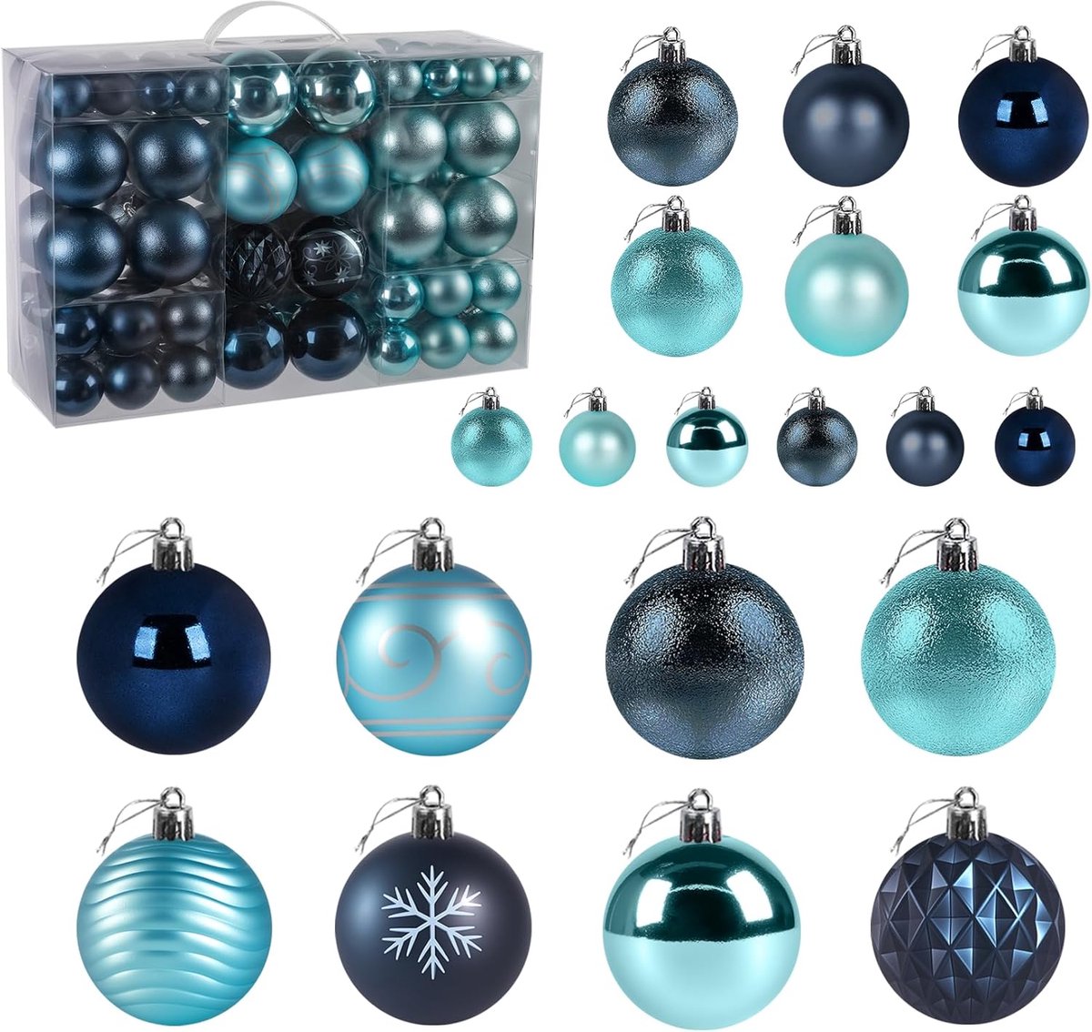 Kerstballen blauwe set - 100 stuks onbreekbare plastic kerstballen - glitterdecoratie voor kerstmis - traditionele kerstboom ornament set - hangende ballen – foto 2