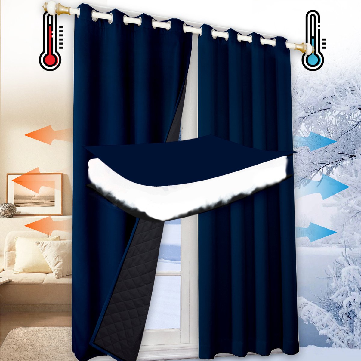 Qelus 100% Opaque Warmte-Koud Isolerend Gordijn met Ringen - Blokkeert Geluid - 1 stuk Verduisteringsgordijnen voor Woonkamer & Slaapkamer - 132x244cm - Voor Winter & Zomer - Gratis Bindband - Marineblauw