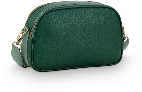 Driekwart aanzicht van een groene crossbody tas met gestreepte band.