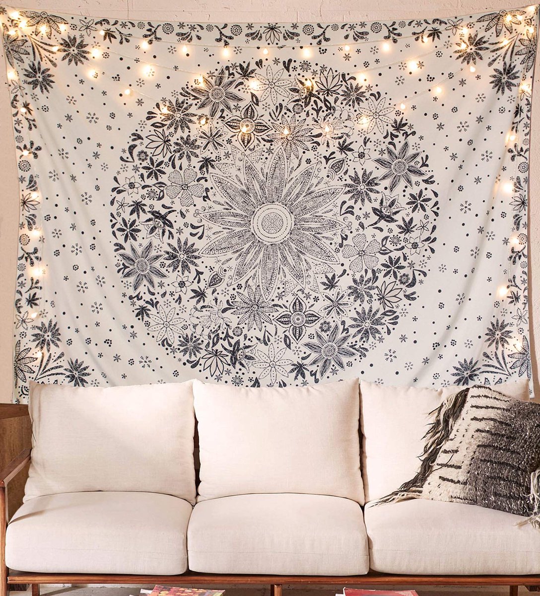 Unyqoos Decoratief Bohemian Wandtapijt met Bloemen en Medaillon Print, Beige voor Slaapkamer en Woondecoratie, 130 x 150 cm
