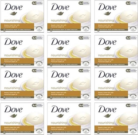 Twaalf verpakkingen Dove nourishing beauty cream bar met marokkaanse arganolie.