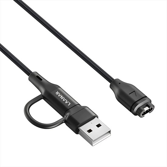 Zwarte gevlochten nylon kabel met USB-A en Garmin connector. De kabel heeft een lus.