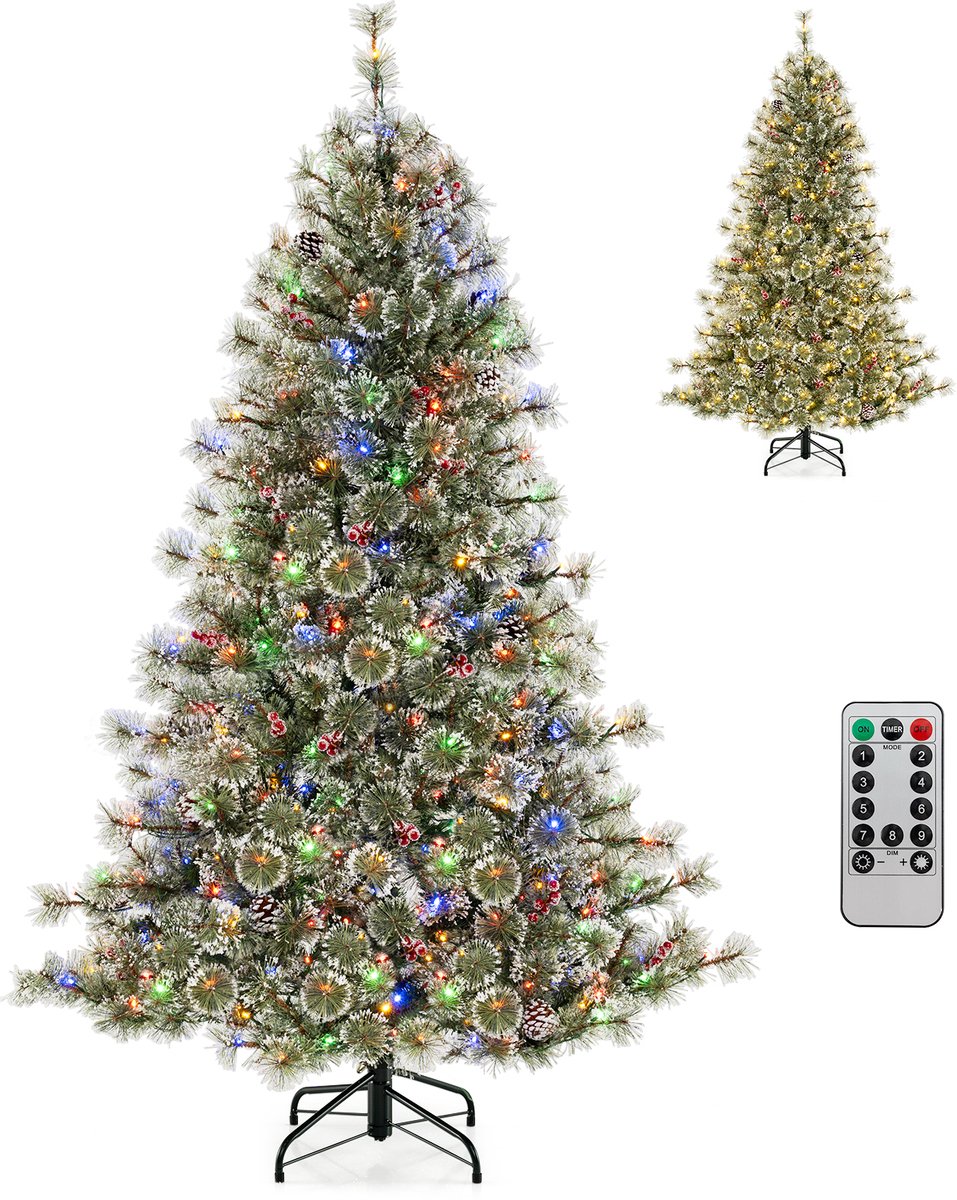 COSTWAY Kunstkerstboom van 180 cm met verlichting, dennenboom met 350 meerkleurige en warmwitte ledlampen, kerstboom met scharnierstructuur en 360° snelaansluiting, kunstboom voor thuis
