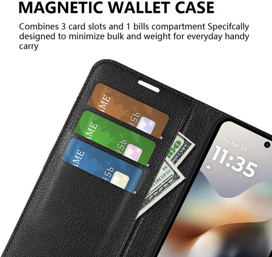Zwarte magnetische wallet case met 3 kaartsleuven en een vak voor bankbiljetten. Een telefoon met tijd 11:35 is zichtbaar.