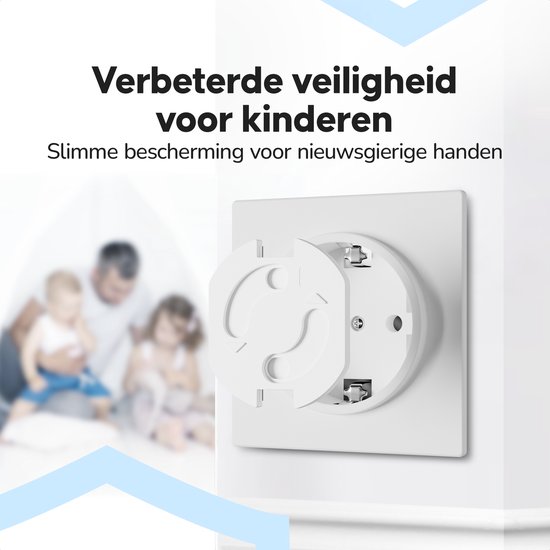 Wit stopcontactbeveiligingsproduct met een 3D-weergave, met een gezin op de achtergrond.