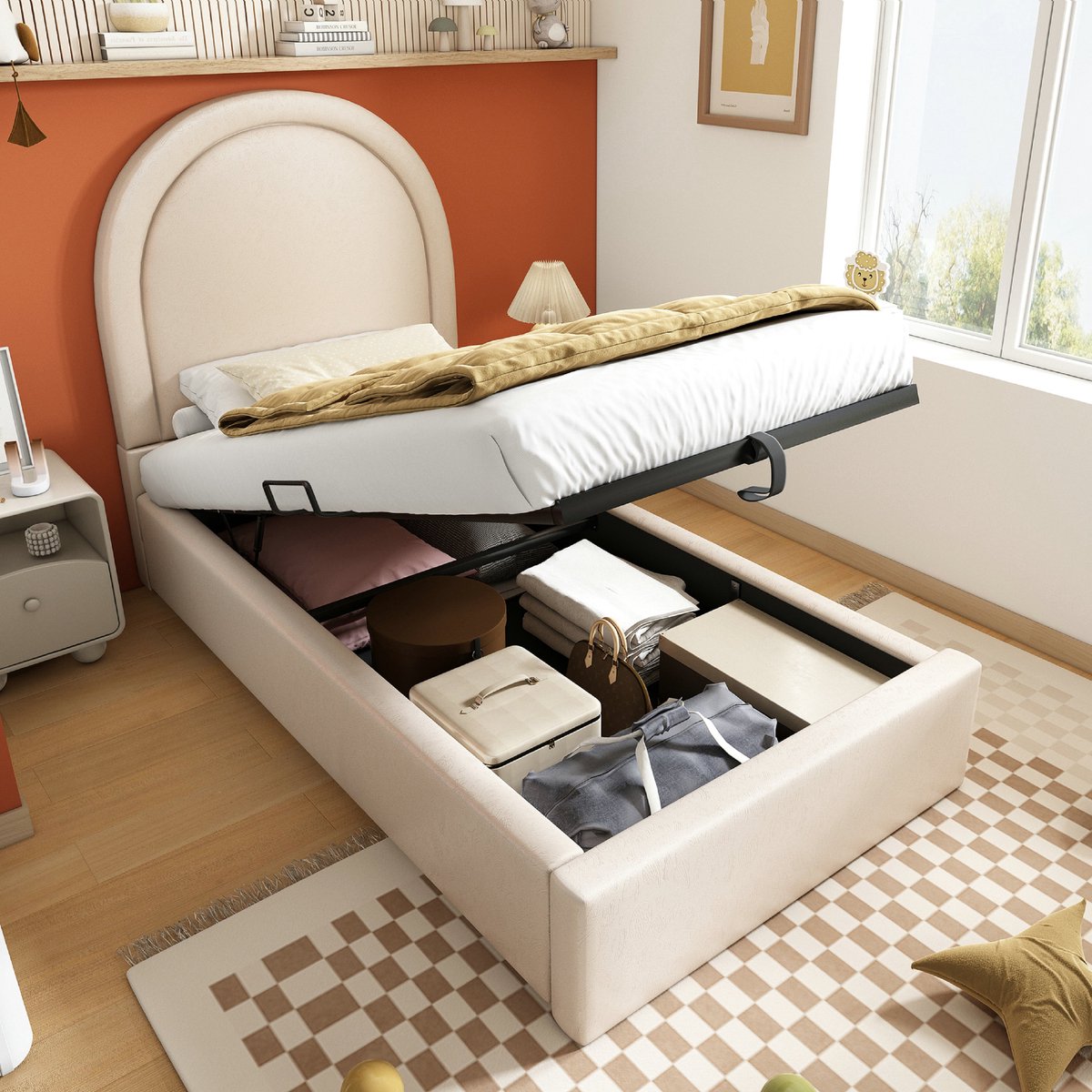 VVBV Kinderbed 90x190 cm met hydraulische lattenbodem - eenpersoonsbed met opbergruimte en kosmisch patroon - PU voor jongens en meisjes - beige(Matras niet inbegrepen)