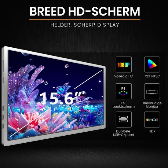 Een 15,6" Full HD IPS scherm met HDR. Duidelijke display met specificaties: 1080P, 72% NTSC, Drievoudige Monitor, Dubbele USB-C-poort.