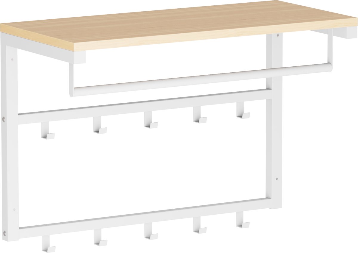 Wandkapstok Wit Industrieel – Wandkapstok met 10 Haken – Hout en Metaal – IN-HOMEXL Ramon – 60x30x42 cm