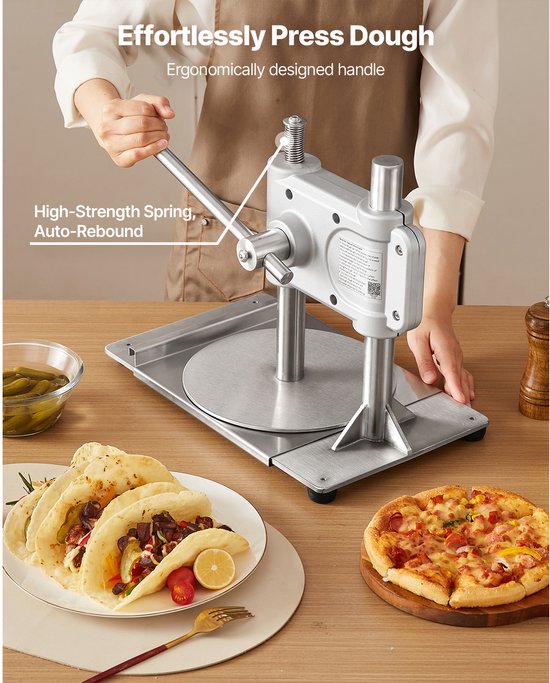 Handmatige Pizzadeegpers 241,3 Mm met Roestvrijstalen Plaat, Gebak- En Broodpers voor Commercieel Gebruik, 5 Mm Dikke Vormmachine met Handvat En 100 Stuks Perkamentpapier — afbeelding 5